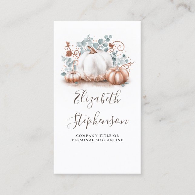 White and Rose Gold Pumpkins Fall Harvest Decor Business Card (Front)
