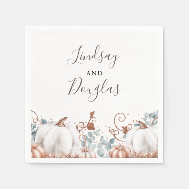 White and Rose Gold Pumpkins Fall Harvest Wedding Napkin (Front)