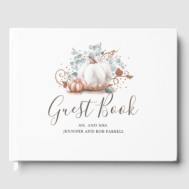White and Rose Gold Pumpkins Fall Wedding Guest Book (Front)