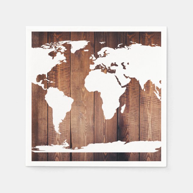 White and Rustic Dark Wood World Map Napkin (Front)