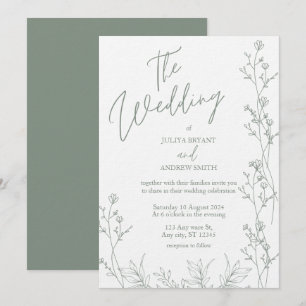 White and saga green thick wedding Invitation