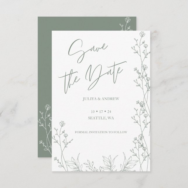 White and Saga green  wedding  Save The Date (Front/Back)