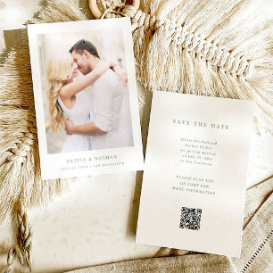 White and Sage Elegant Text and Photo QR Code Save The Date
