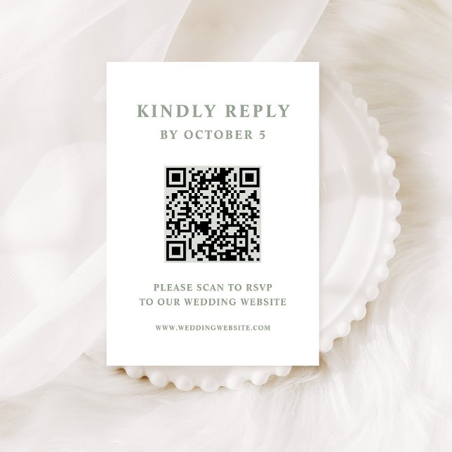 White and Sage Green Elegant Text Wedding QR Code RSVP Card (Creator Uploaded)