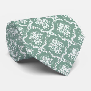 White and Sage Green Floral Damask Pattern Tie