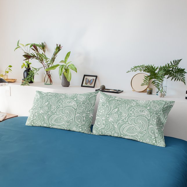 White and Sage-Green Paisley Pattern Pillowcase (Creator Uploaded)