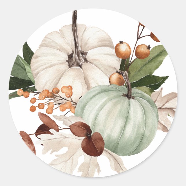 White and Sage Green Pumpkins Thanksgiving Classic Round Sticker (Front)