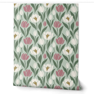 White and Sage Green Tulip Botanical Floral Wallpaper