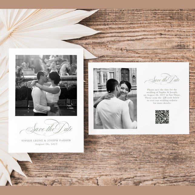 White and Sage Italian Elegance Two Photo QR Code Save The Date (Creator Uploaded)
