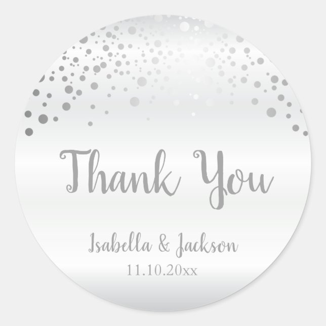 White and Silver Confetti Dots Classic Round Sticker (Front)