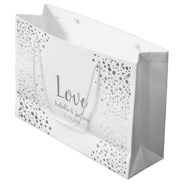 White and Silver Confetti Dots Large Gift Bag (Front Angled)