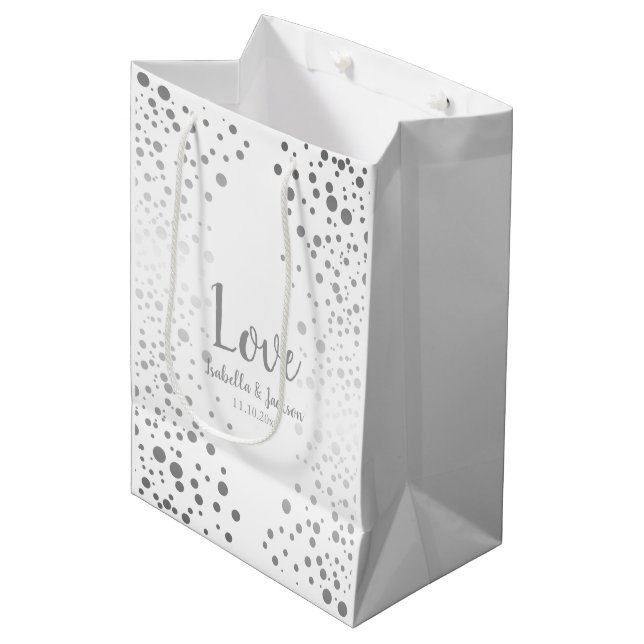 White and Silver Confetti Dots Medium Gift Bag (Front Angled)