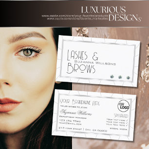 White and Silver Frame Chic with Diamonds & Logo Business Card