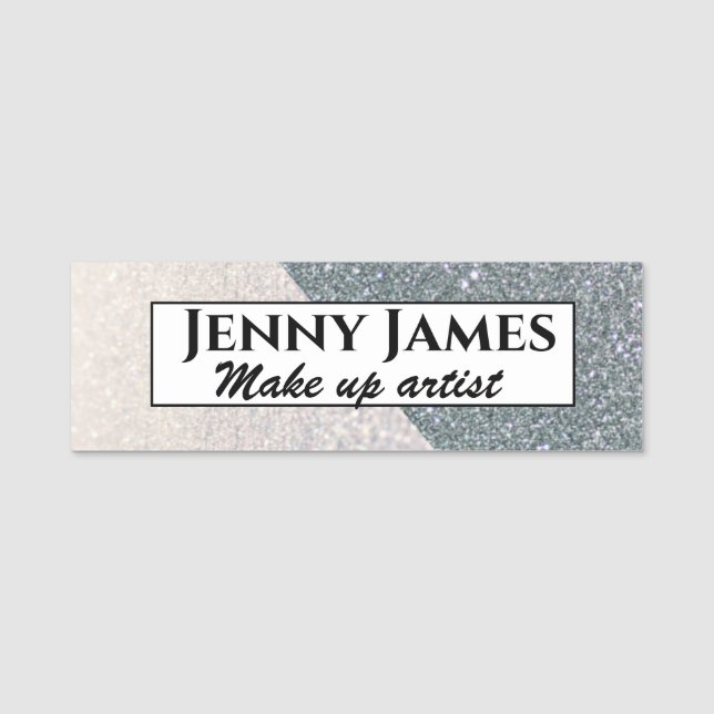 White and silver glitters background, custom name tag (Front)