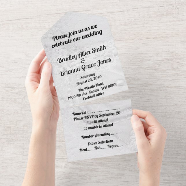 White and Silver Lace and Pearls on Satin All In One Invitation (Tearaway)