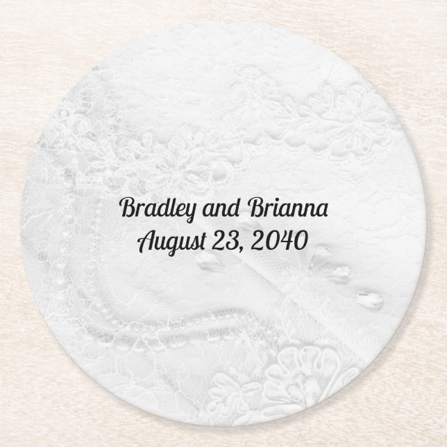 White and Silver Lace and Pearls on Satin Round Paper Coaster (Front)