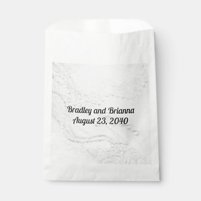 White and Silver Lace and Pearls on Satin Wedding Favour Bags (Front)