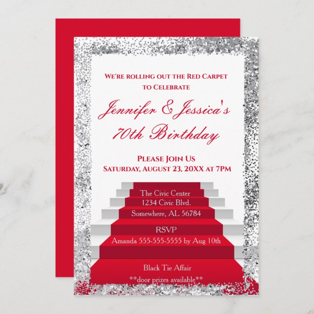 White and Silver Red Carpet Birthday Invitation (Front/Back)