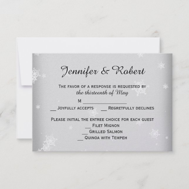 White and Silver Snowflake Wedding Response Card (Front)