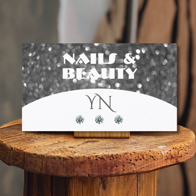 White and Silver Sparkle Glitter Diamonds Monogram Business Card (Creator Uploaded)
