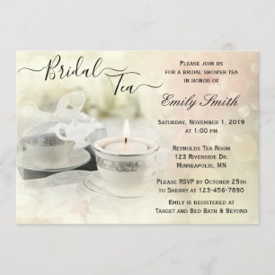 White and Silver Teacup Shimmer Bridal Shower Tea Invitation