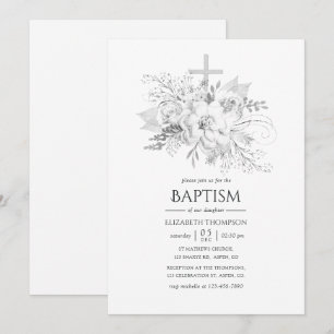 White and Silver Vintage Floral Baptism Invitation