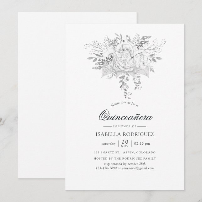 White and Silver Vintage Floral Quinceañera Invitation (Front/Back)