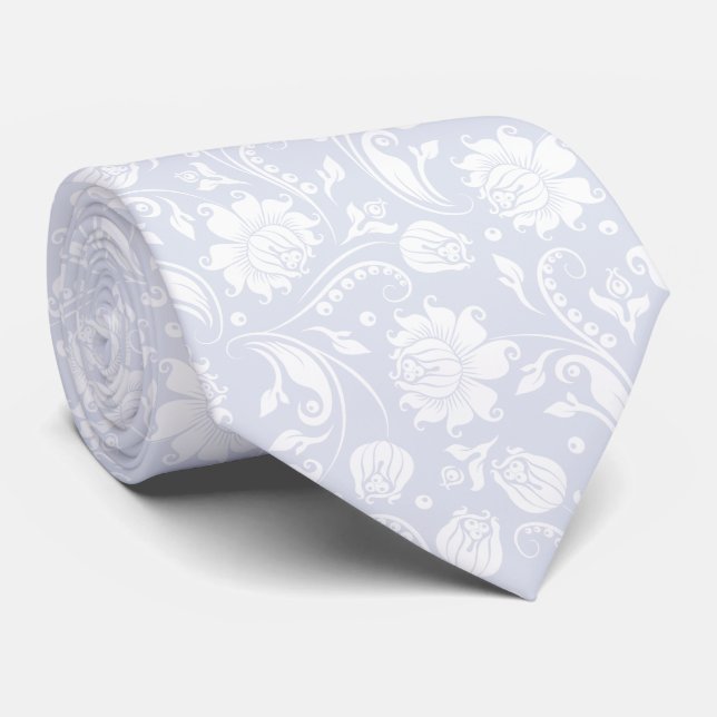 White and soft blue-grey floral damasks tie (Rolled)