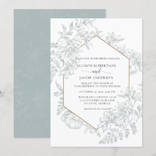 White and Soft Sage Green Geometric Floral Wedding Invitation