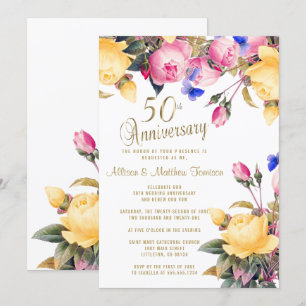 White and Spring Floral 50th Anniversary Invitation