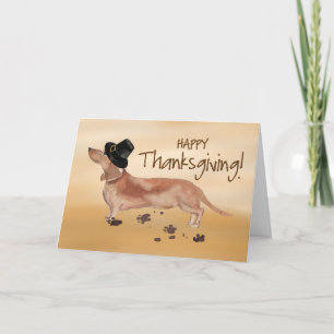 White and Tan Dachshund Pilgrim Hat Thanksgiving Card