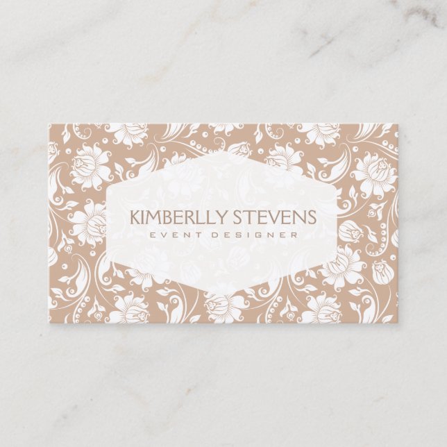 White And Tan Floral Damasks Pattern 2 Business Card (Front)