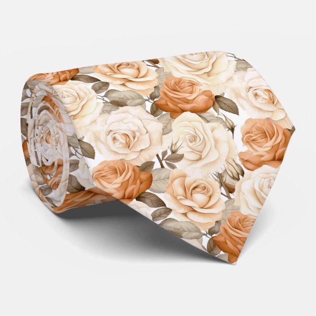 White and Tan  Roses on White Tie (Rolled)