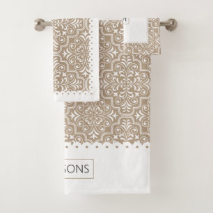 White and taupe damask pattern scalloped borders bath towel set