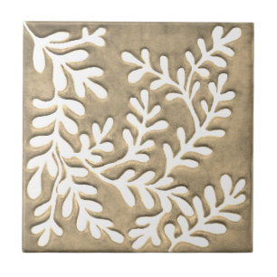 White and taupe leaf Ceramic Tile