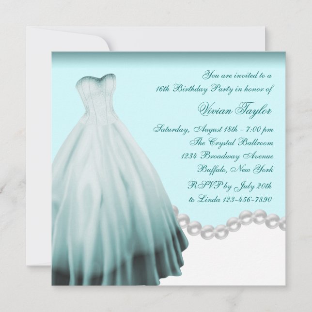 White and Teal Blue Sweet Sixteen Birthday Party Invitation (Front)