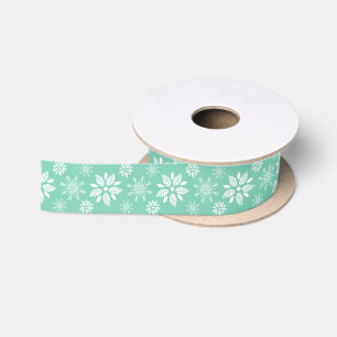 White And Teal Christmas Snowflakes Pattern Satin Ribbon
