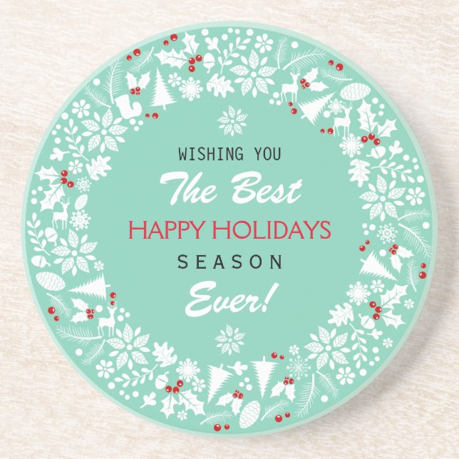 White And Teal Christmas Wreath Happy Holidays Coaster (Front)