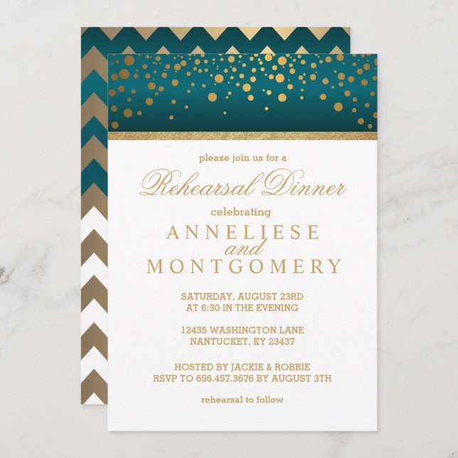White and Teal Gold Confetti - Rehearsal Dinner Invitation (Front/Back)