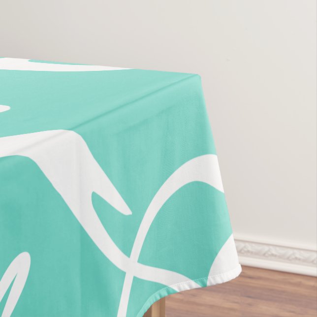 White and Teal Pattern Tablecloth (In Situ)