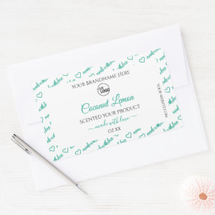 White and Teal Word Cloud Product Labels with Logo