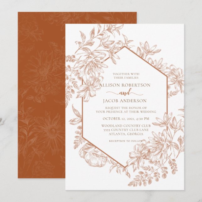 White and Terra Cotta Geometric Floral Wedding Invitation (Front/Back)