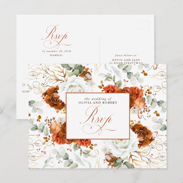 White and Terracotta Wedding RSVP Postcard (Front/Back)