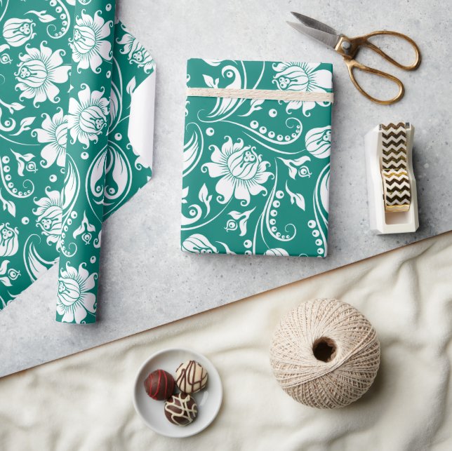 White and turquoise blue floral damask pattern wrapping paper (Crafts)