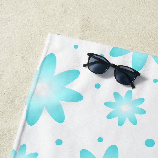 White and turquoise delicate daisy, dots pattern  beach towel (In Situ)