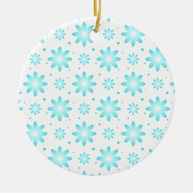 White and turquoise delicate daisy, dots pattern  ceramic tree decoration (Front)