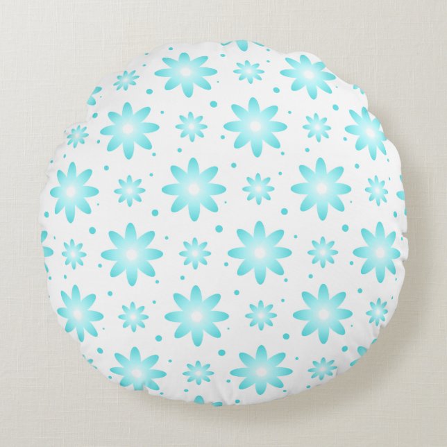 White and turquoise delicate daisy, dots pattern  round cushion (Front)