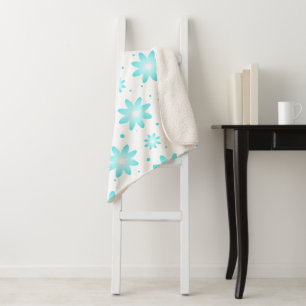 White and turquoise delicate daisy, dots pattern sherpa blanket