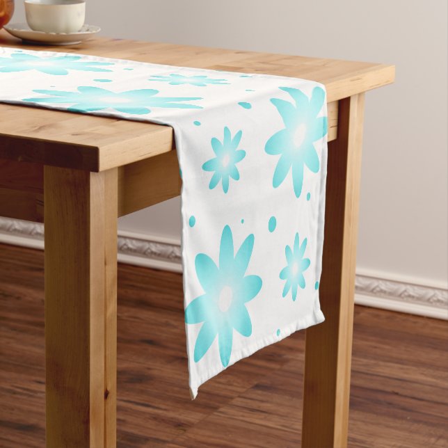 White and turquoise delicate daisy, dots pattern  short table runner (In Situ)