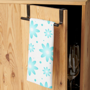 White and turquoise delicate daisy, dots pattern tea towel